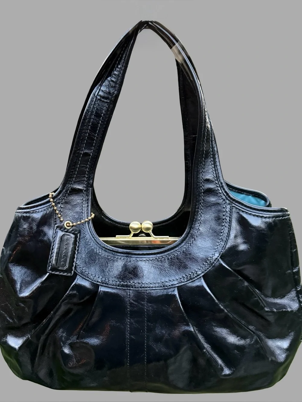 Vintage Y2K Coach Ergo Black Patent Leather Pleated Kisslock Satchel Bag #12520D